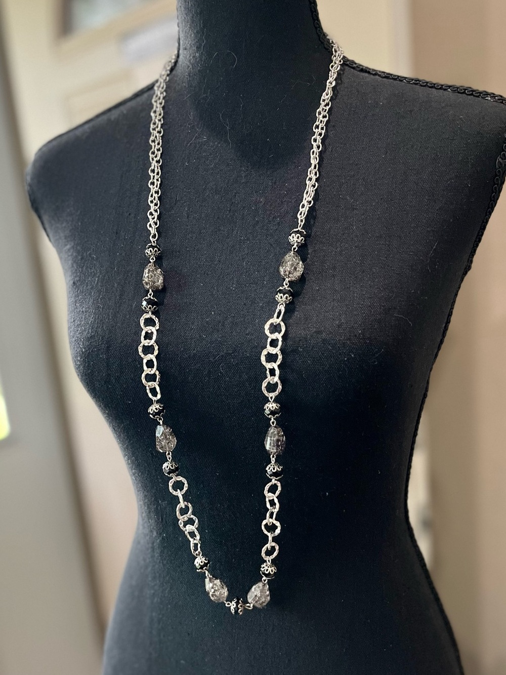 Silver-Tone Long Beaded Chain Necklace - Elegant Women Jewelry